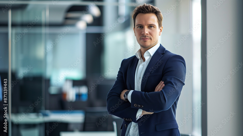 businessman standing in modern office looking at camera businessman standing in modern office looking at camera