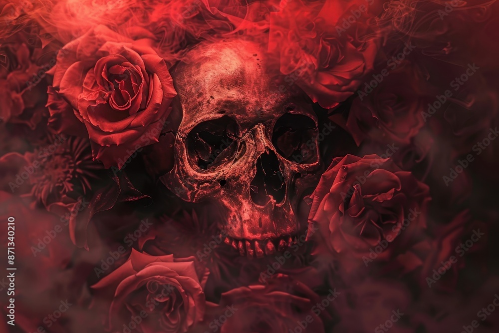 Human Skull Among Red Roses in Smoke Human Skull Among Red Roses in Smoke