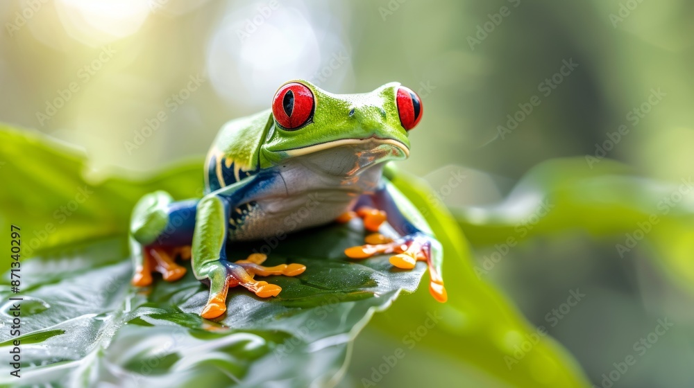 Fototapeta premium Red-eyed tree frog on a leaf in a tropical forest, close-up shot. Wildlife and nature concept