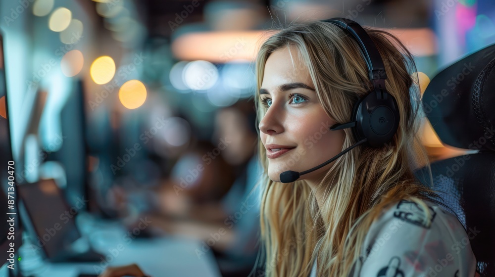 Customer Support in Action: Attractive Call Center Agent Hard at Work in Side View Customer Support in Action: Attractive Call Center Agent Hard at Work in Side View
