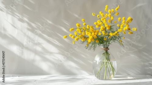 Spring bouquet of mimosa flowers in glass vase on light gray background with shadows and space for text