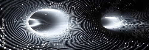 Abstract three dimensional rendering of geometric surfaces lines and points in a tunnel like grid