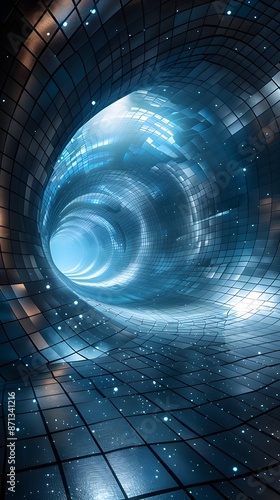 Abstract three dimensional rendering of geometric surfaces lines and points in a tunnel like grid