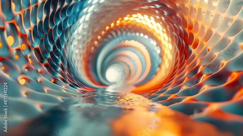 Abstract three dimensional rendering of geometric surfaces lines and points in a tunnel like grid