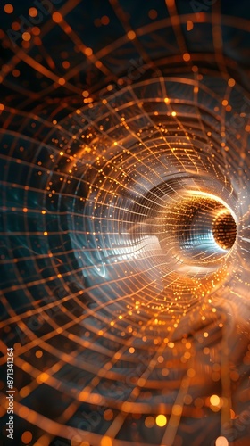 Abstract three dimensional rendering of geometric surfaces lines and points in a tunnel like grid