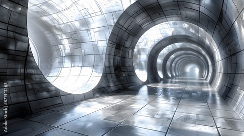 Abstract three dimensional rendering of geometric surfaces lines and points in a tunnel like grid