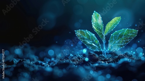 Biotech Sprout: Abstract Illustration of DNA-Engineered Seedling with Vitamin Supplement on Dark Blue Background © hisilly