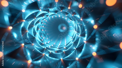 Abstract three dimensional rendering of geometric surfaces lines and points in a tunnel like grid