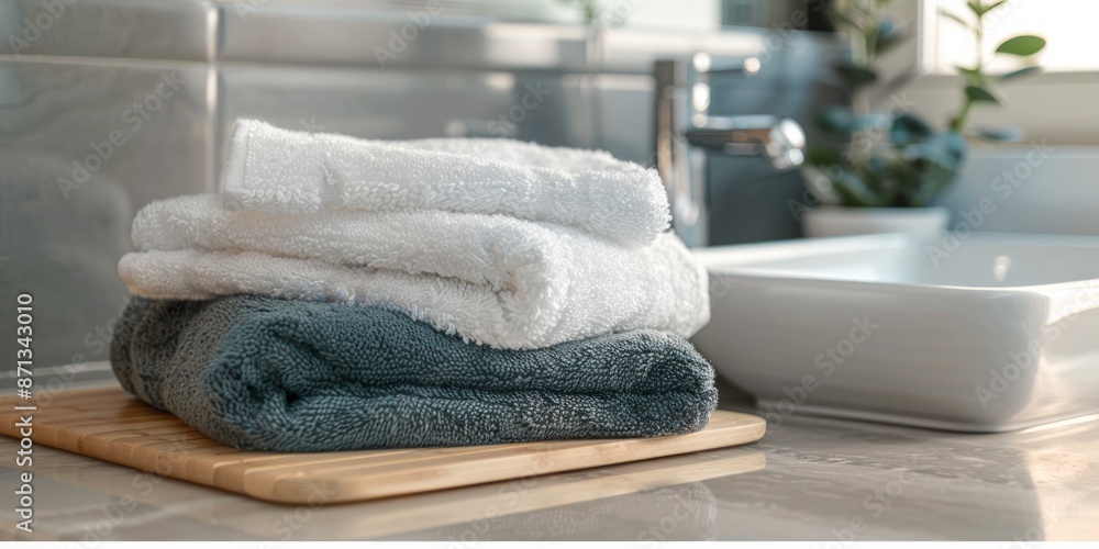 Bathroom Towels Stacked on Wooden Board Bathroom Towels Stacked on Wooden Board