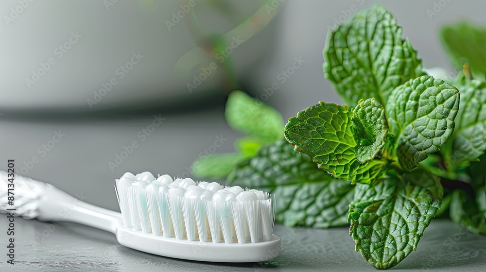 A white toothbrush with fresh mint leaves, symbolizing dental hygiene and freshness, placed on a gray background A white toothbrush with fresh mint leaves, symbolizing dental hygiene and freshness, placed on a gray background