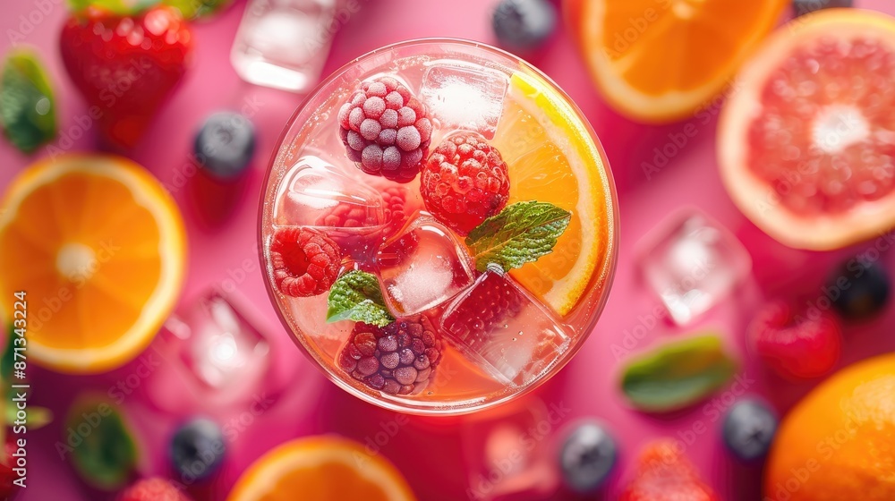 Overhead view of a refreshing berry mocktail with ice cubes, mint leaves, and mixed berries in a glass Overhead view of a refreshing berry mocktail with ice cubes, mint leaves, and mixed berries in a glass