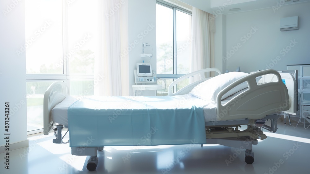 Empty hospital bed with clean white sheets Empty hospital bed with clean white sheets