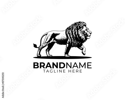 woodcut linocut engraving black ink print style logo of walking lion king of jungle