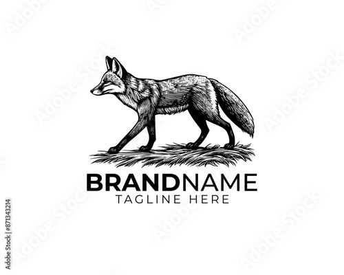 woodcut linocut engraving black ink print style logo of walking fox on grass