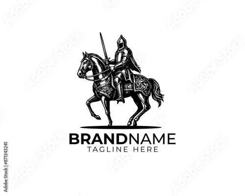 woodcut linocut engraving black ink print style logo of medieval knight in his iron full body armour riding his black horse and holding sword