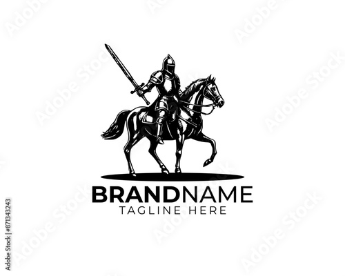 woodcut linocut engraving black ink print style logo of medieval knight in his iron full body armour riding his black horse and holding sword