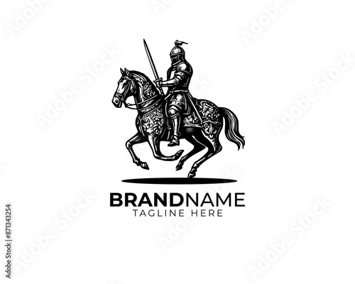 woodcut linocut engraving black ink print style logo of medieval knight in his iron full body armour riding his black horse and holding sword