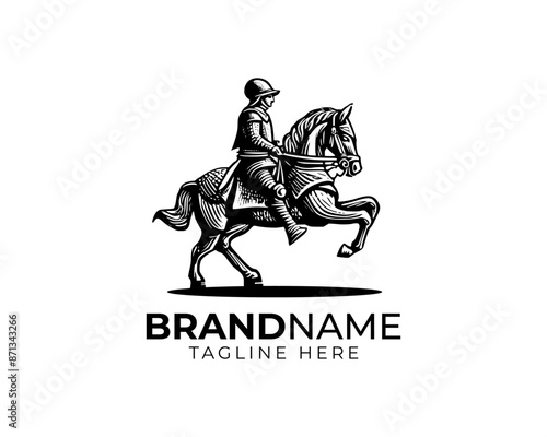 woodcut linocut engraving black ink print style logo of Spanish knight in his iron full body armour riding his black horse
