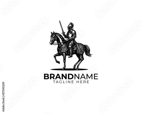 woodcut linocut engraving black ink print style logo of medieval knight in his iron full body armour riding his black horse and holding sword