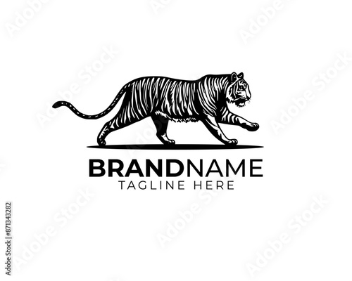woodcut linocut engraving black ink print style logo of walking tiger king of jungle