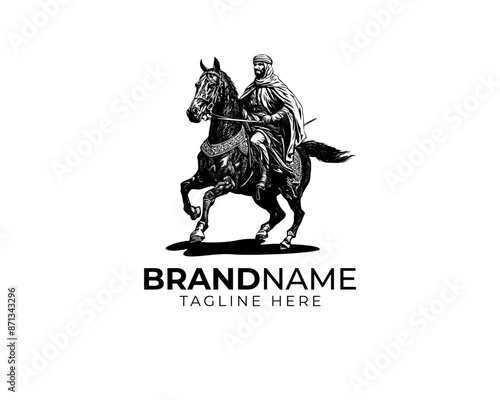 woodcut linocut engraving black ink print style logo of arabian muslim knight riding his black horse