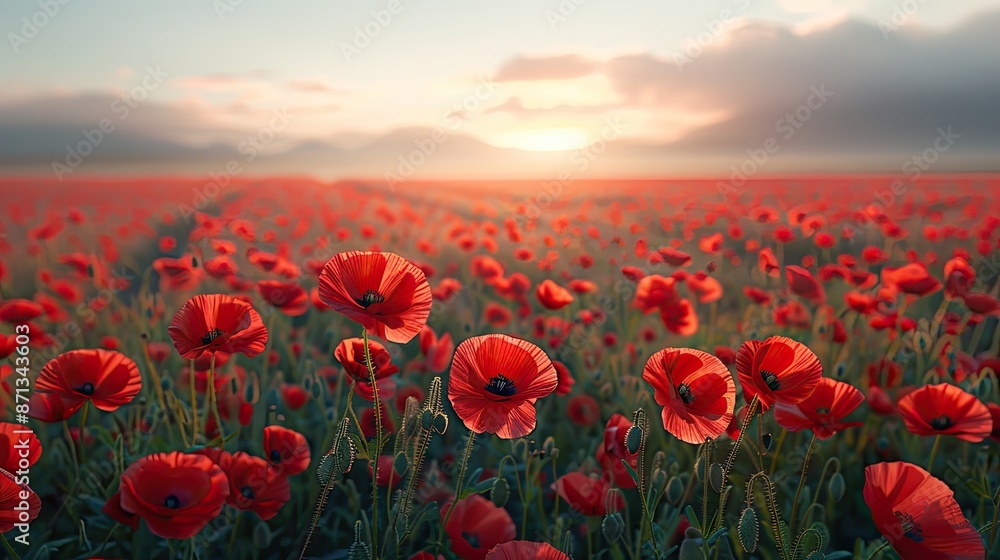 Fototapeta premium A stunning field of red poppies in full bloom at sunrise, stretching out towards distant mountains