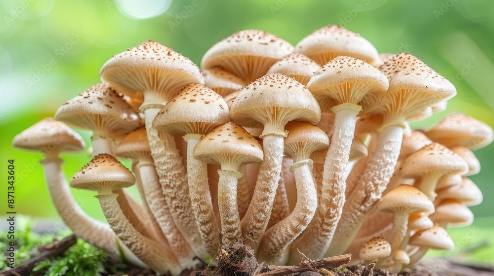 A cluster of mushrooms growing together in a natural setting, with detailed textures and earthy colors A cluster of mushrooms growing together in a natural setting, with detailed textures and earthy colors