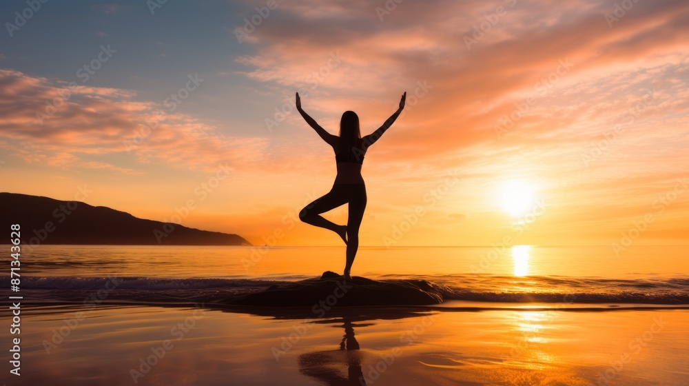 Happy woman practicing yoga on a peaceful beach at sunrise Happy woman practicing yoga on a peaceful beach at sunrise