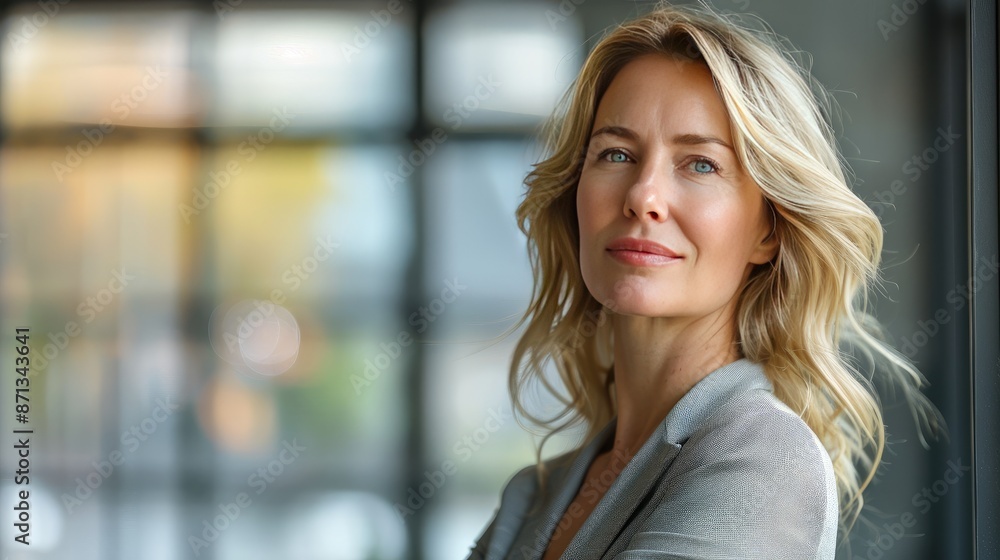 © Vodkaz - Confident professional woman with blonde hair, standing by a window, looking ahead with a slight smile © Vodkaz - Confident professional woman with blonde hair, standing by a window, looking ahead with a slight smile