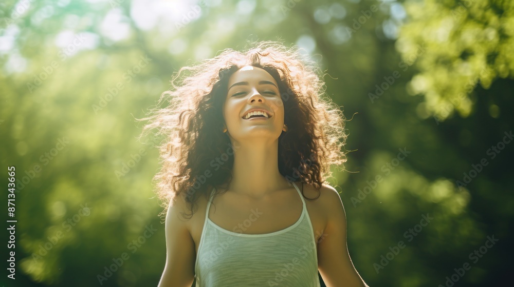 Naklejka premium Happy young woman enjoying sunny day in park, 