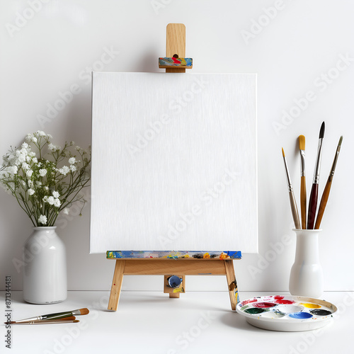 Canvas frame mockup with white easel on the left is a ceramic vase. On the right are brushes and a palette.