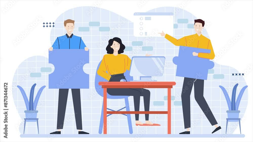 team discussion with puzzle and people character business animated illustration video team discussion with puzzle and people character business animated illustration video