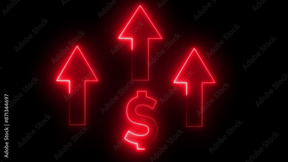 Glowing neon line of dollar sign icon and up arrow isolated on transparent background. Money, profit, investment, growth business, economy, finance and success concept. Glowing neon line of dollar sign icon and up arrow isolated on transparent background. Money, profit, investment, growth business, economy, finance and success concept.