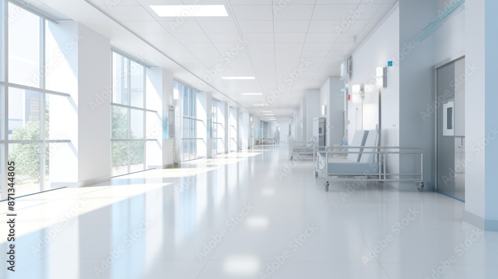 Modern hospital hallway with clean white walls, Modern hospital hallway with clean white walls,