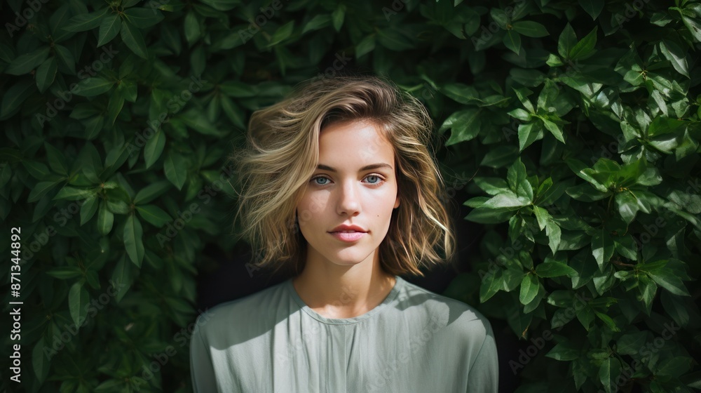 Portrait of relaxed and confident woman with background of green leaves Portrait of relaxed and confident woman with background of green leaves