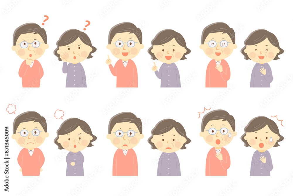 シニア夫婦の色々な表情セット ベクター イラスト シニア夫婦の色々な表情セット ベクター イラスト