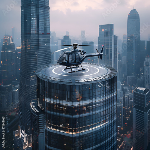 A helicopter landing pad on a tall building in the middle of the city. photo