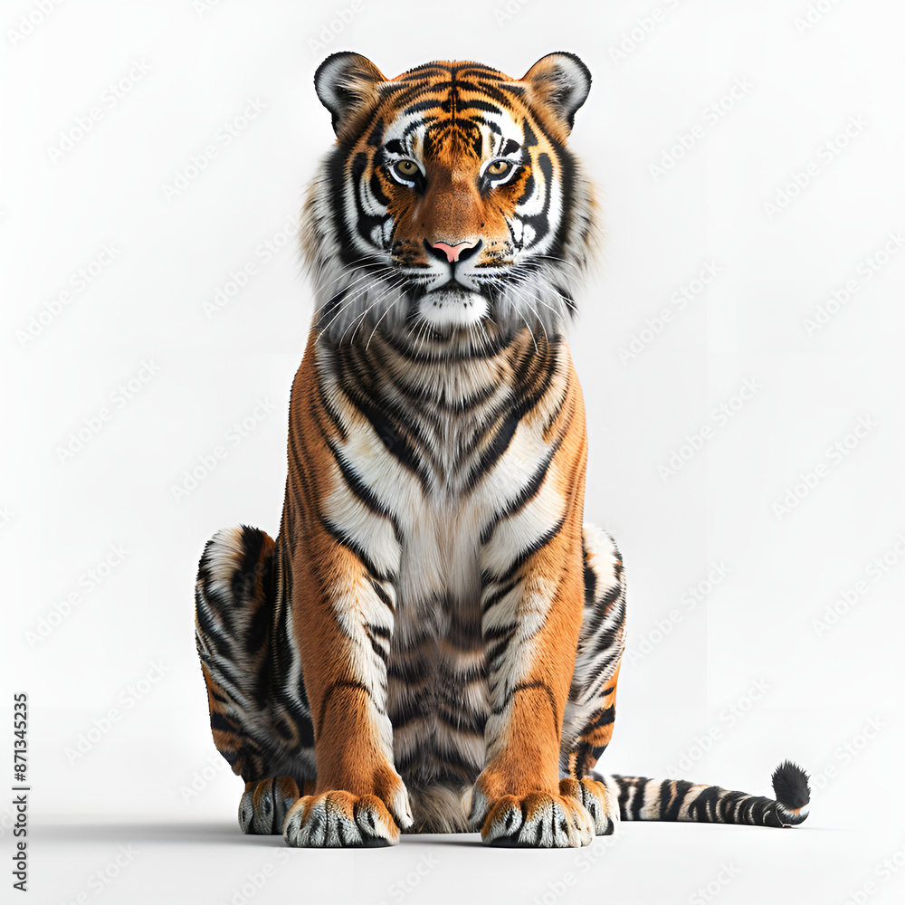 Naklejka premium An image of a tiger seated against a white backdrop.