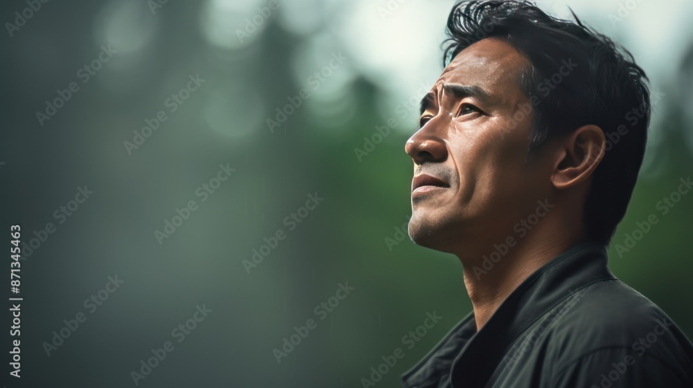 a man looking to the left, with forest a man looking to the left, with forest