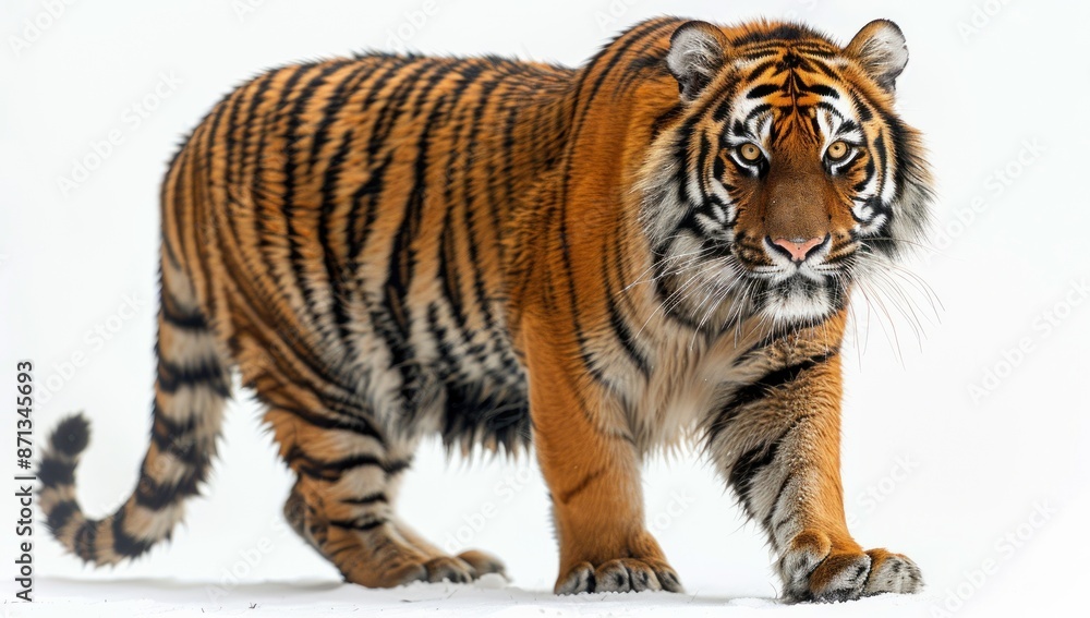 Naklejka premium Striking Tiger on a Snowy Background