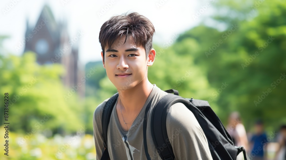 Young Asian male student with backpack, Young Asian male student with backpack,