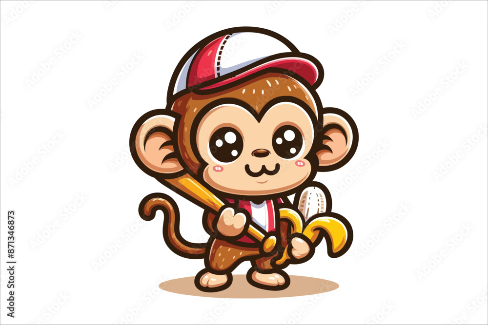 Fototapeta premium Cute Monkey Holding Banana And Baseball Bat Stick Cartoon Vector Icon Illustration with white background