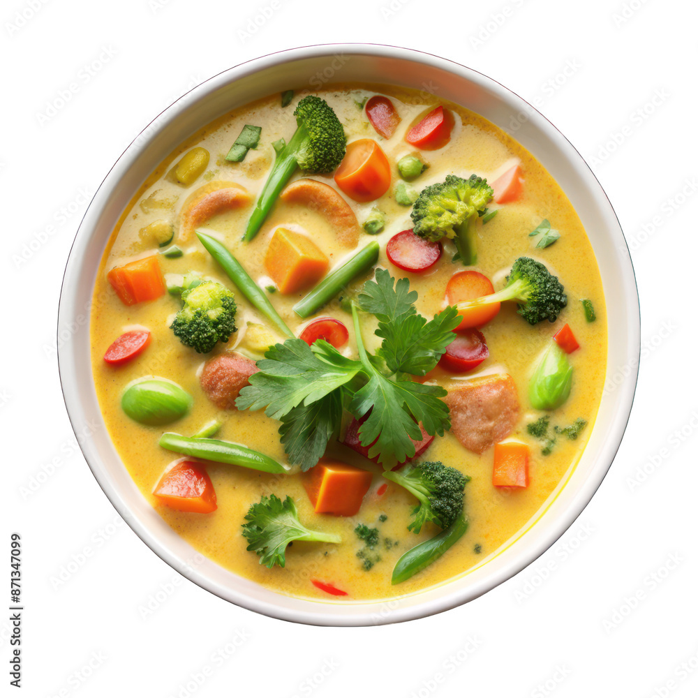 Creamy Curry Soup with Vegetables in a White Bowl top view isolated on transparent background Creamy Curry Soup with Vegetables in a White Bowl top view isolated on transparent background