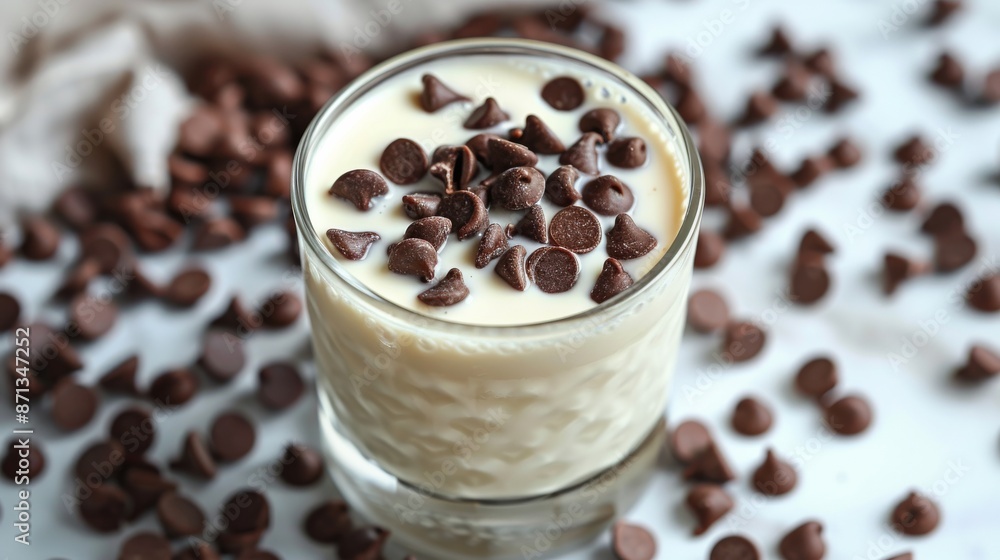 Glass of creamy vanilla milkshake topped with chocolate chips, close-up view. Dessert and indulgence concept Glass of creamy vanilla milkshake topped with chocolate chips, close-up view. Dessert and indulgence concept