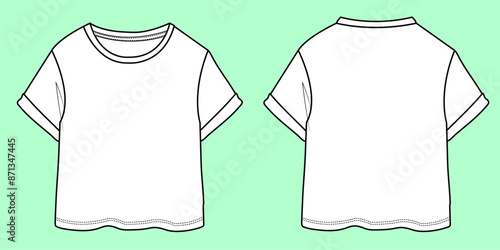 Girls turn up short sleeve t-shirt fashion flat sketch with front and back view vector.  