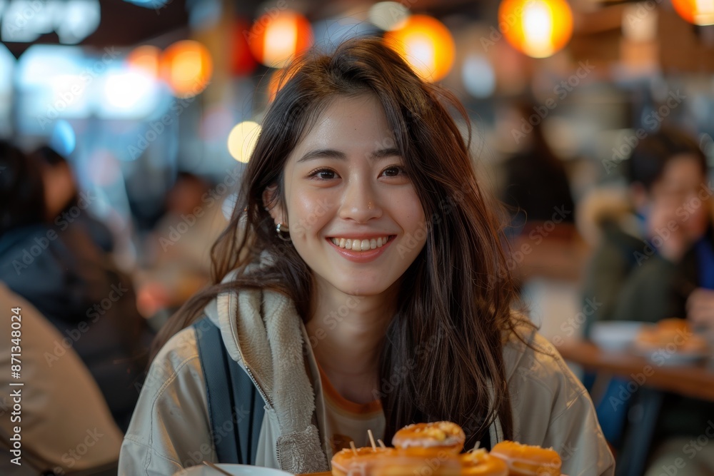 Cute Asian woman beams with joy, holding up dessert bakery and showcasing a plate of additional treats. The cafe's softly blurred, naturally lit interior adds to the scene's charm. Cute Asian woman beams with joy, holding up dessert bakery and showcasing a plate of additional treats. The cafe's softly blurred, naturally lit interior adds to the scene's charm.