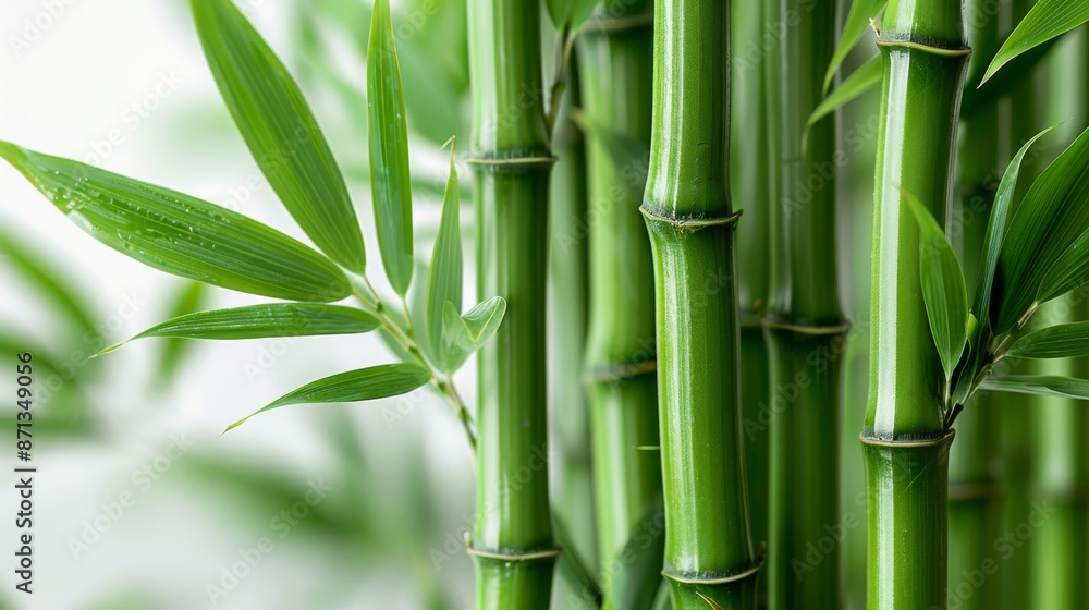 Obraz premium Close-up of fresh green bamboo stalks and leaves, nature background. Zen garden and relaxation concept