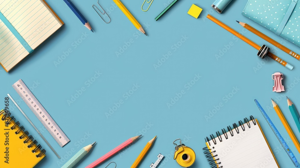 Colorful Back-to-School Supplies Arranged on Blue Background Colorful Back-to-School Supplies Arranged on Blue Background
