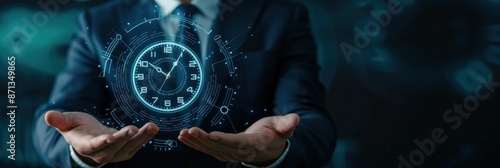 Businessman Holding Futuristic Clock, Time Management Concept