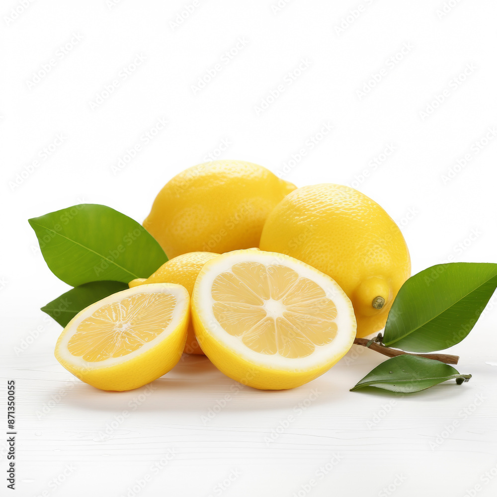 Whole and halved lemons with leaves are laying on a white wooden table Whole and halved lemons with leaves are laying on a white wooden table